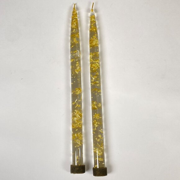 Unbranded Other - 2 Vintage MCM Acrylic Lucite Clear Taper Candles Gold Glitter Flecks 11.5"